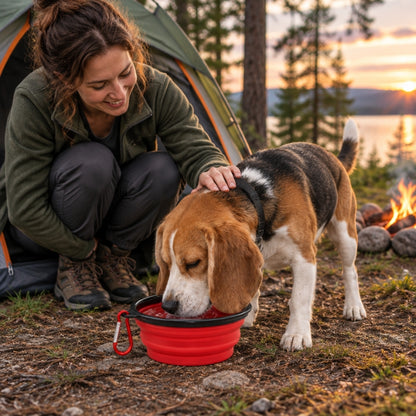 Gamelle pliable rouge avec un beagle buvant près de Julie au camping en forêt