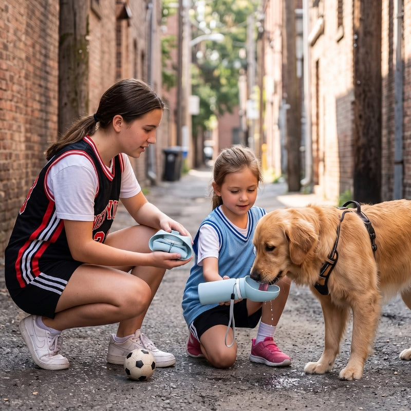 Gourde pour chien avec une fille et une jeune fille dans une ruelle