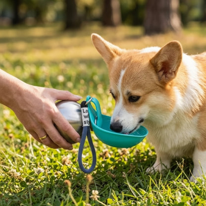 Gourde pour Chien dans un champ une femme donne à boire au chien