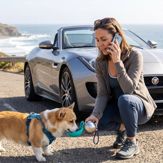 Gourde pour Chien femme avec voiture sport sur le bord de la mer