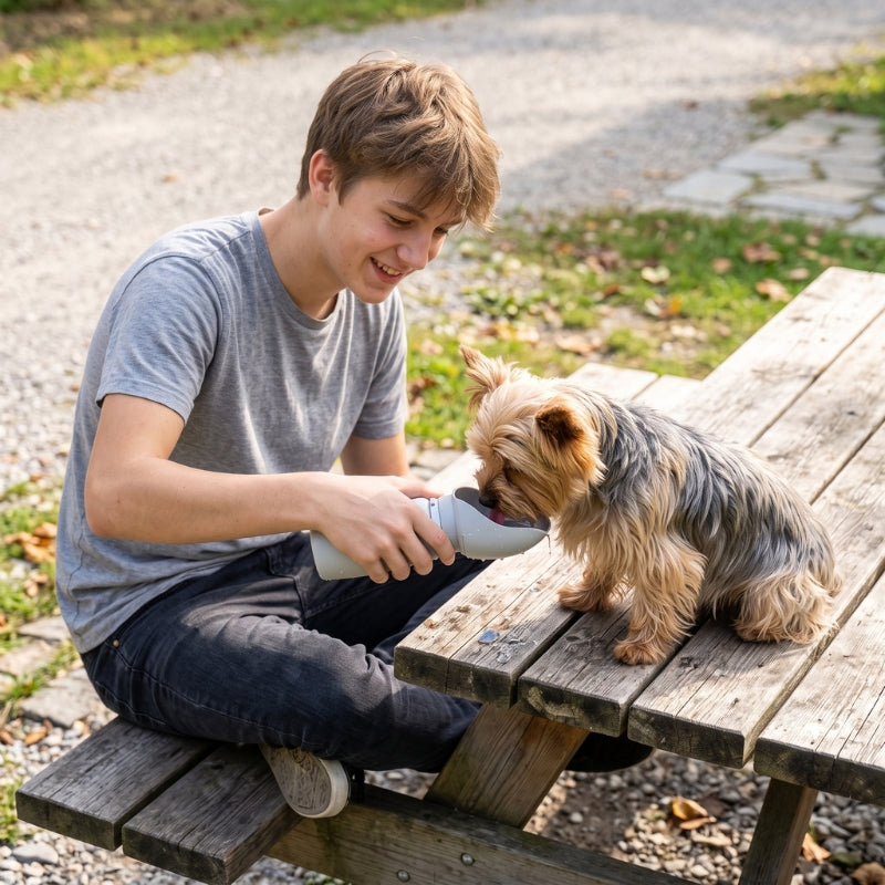 Gourde pour chien garçon présentant la gourde à son chien sur une table de pique-nique