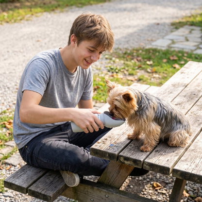 Gourde pour chien garçon présentant la gourde à son chien sur une table de pique-nique