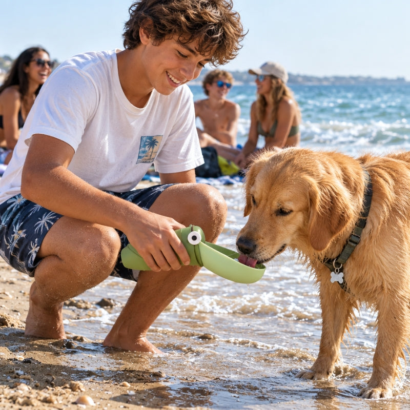 Gourde pour chien plage garçon golden retriever amis