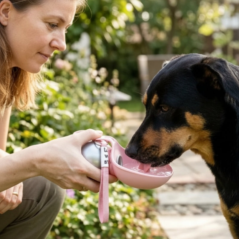Gourde pour chien rose avec sangle compact