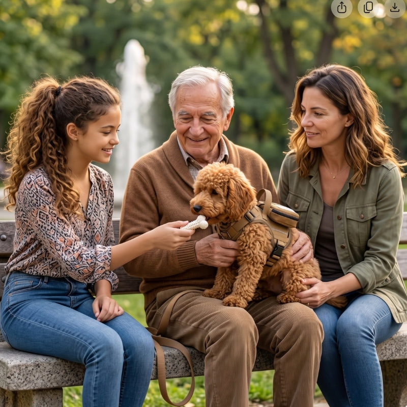 Harnais anti traction pour chien en promenade au parc avec une famille et un chien équipé d’un harnais