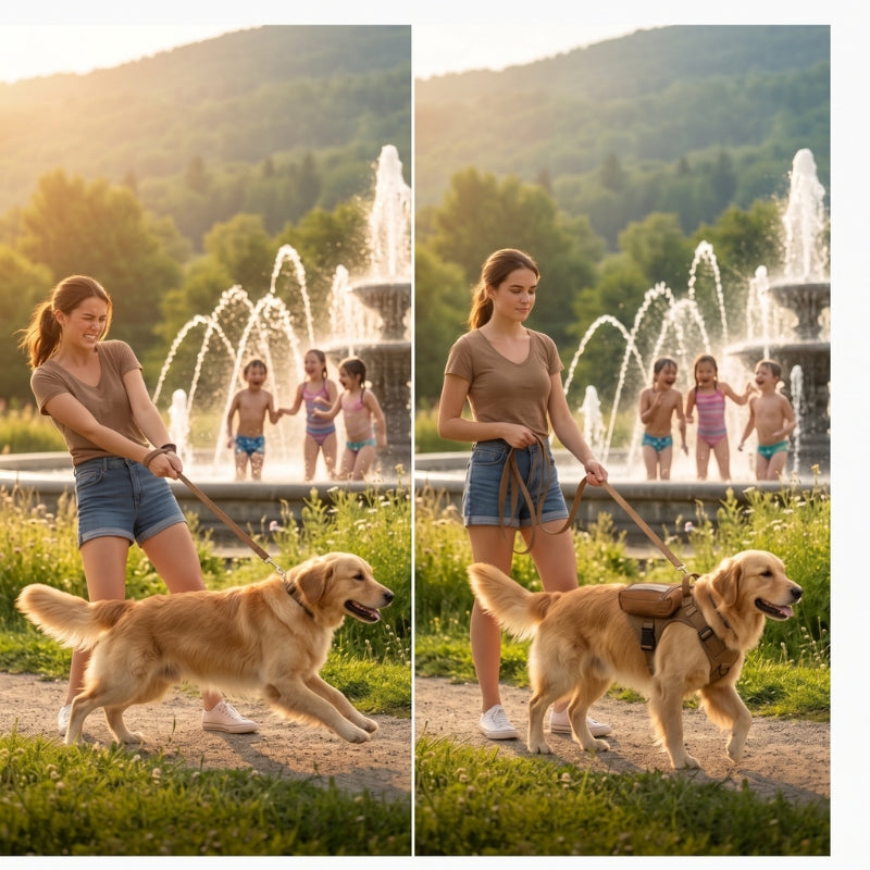 Harnais anti traction pour chien en promenade avec un golden retriever portant un harnais