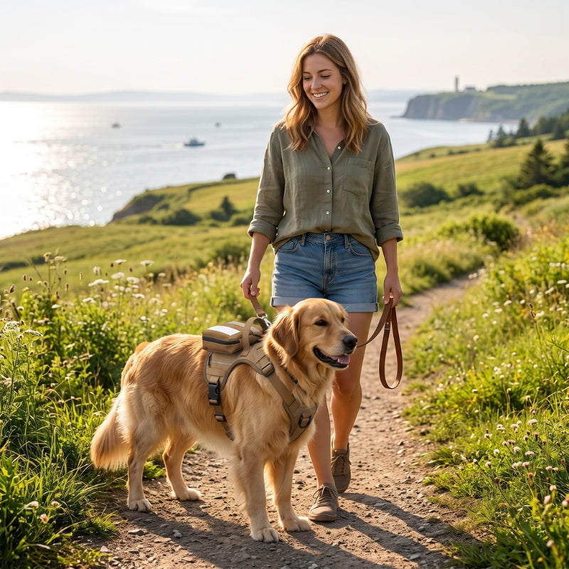 Harnais anti traction pour chien en randonnée au bord de la mer avec une femme et un golden retriever