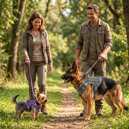 Harnais anti traction pour chien en randonnée avec un berger allemand et un Yorkshire terrier