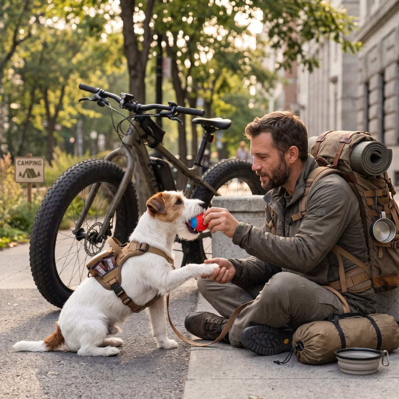Harnais anti traction pour chien pendant une pause à vélo avec un chien et son maître