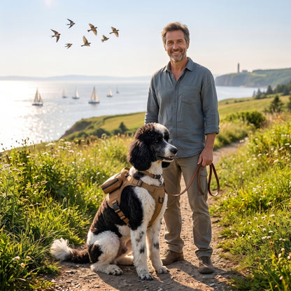 Harnais anti traction pour chien porté par un chien noir et blanc en randonnée avec son maître