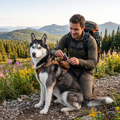Harnais anti traction pour chien utilisé en randonnée avec un chien et son maître