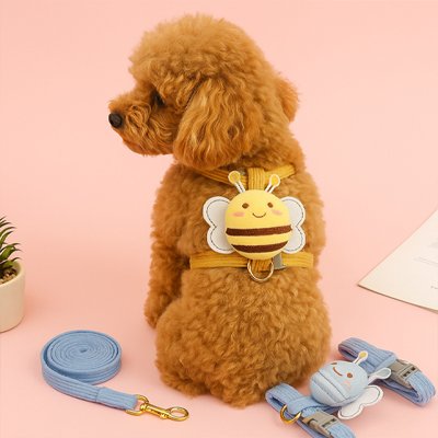 Harnais chien abeille jaune porté par un caniche brun sur fond rose