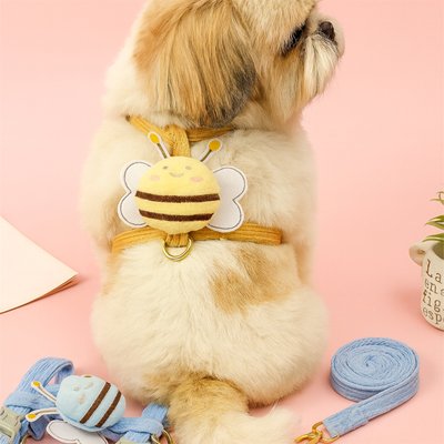 Harnais chien abeille jaune porté par un petit chien blanc et beige sur fond rose