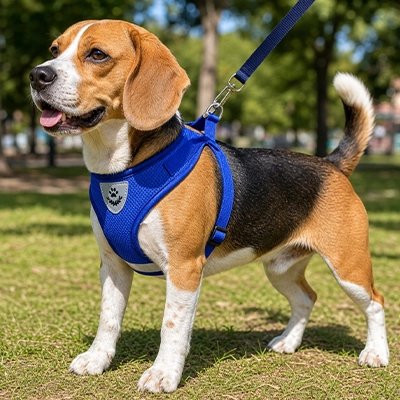 Harnais chien bleu à la campagne