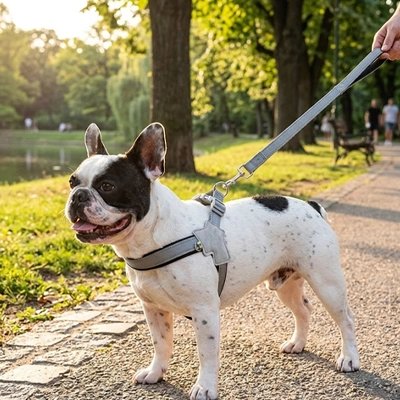 Harnais chien Bouledogue français harnaché 