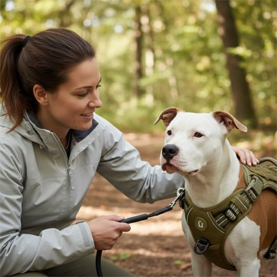 Harnais chien femme forêt pitbull