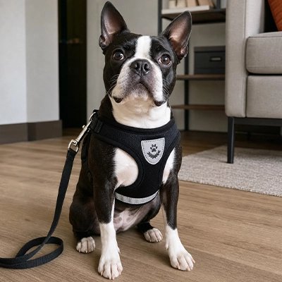 Harnais chien gris assis cuisine