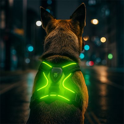 Harnais chien Harnais vert de nuit en ville