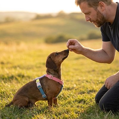 Harnais chien homme gâterie chien