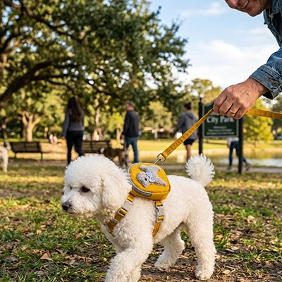 Petit chien blanc portant un harnais jaune dans un parc