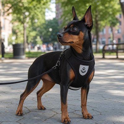 Harnais chien noir en ville