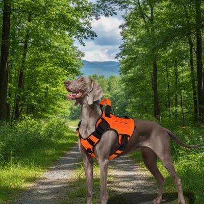 Harnais chien orange en forêt