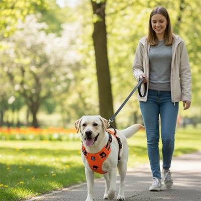 Harnais chien Orange jeune fille promène son chien
