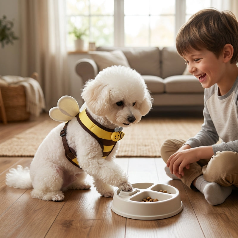 Harnais chien petite taille abeille jaune caniche blanc actionnant un bol casse tête devant un garçon