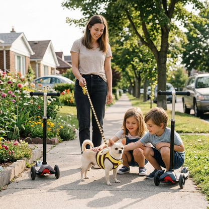 Harnais chien petite taille abeille jaune chihuahua caressé par deux enfants près de leurs trottinettes