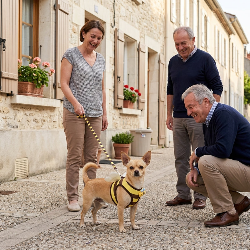 Harnais chien petite taille abeille jaune chihuahua en laisse admiré par des voisins dans une rue
