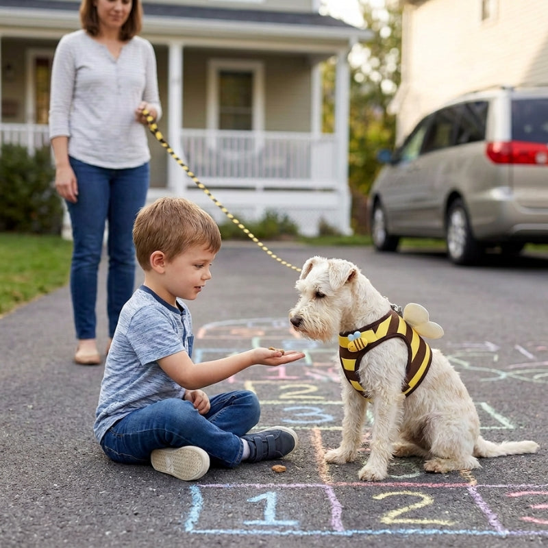 Harnais chien petite taille abeille jaune petit chien recevant une friandise d’un enfant devant la maison