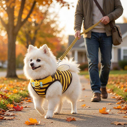 Harnais chien petite taille abeille jaune spitz blanc promené par un homme parmi les feuilles d’automne