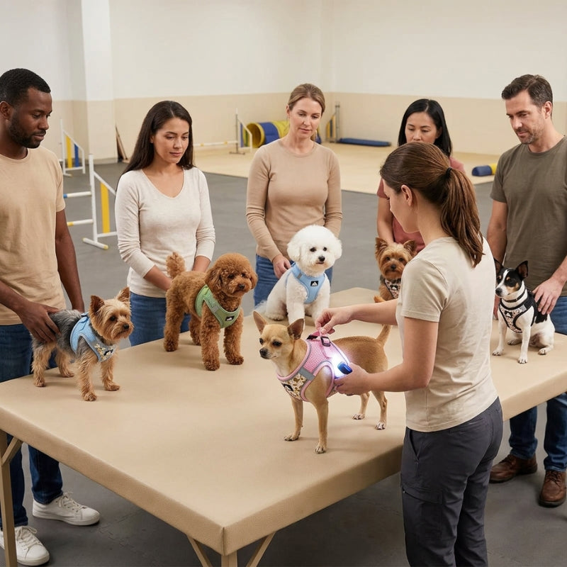 Harnais chien petite taille atelier ajustement avec petits chiens sur une table et leurs propriétaires