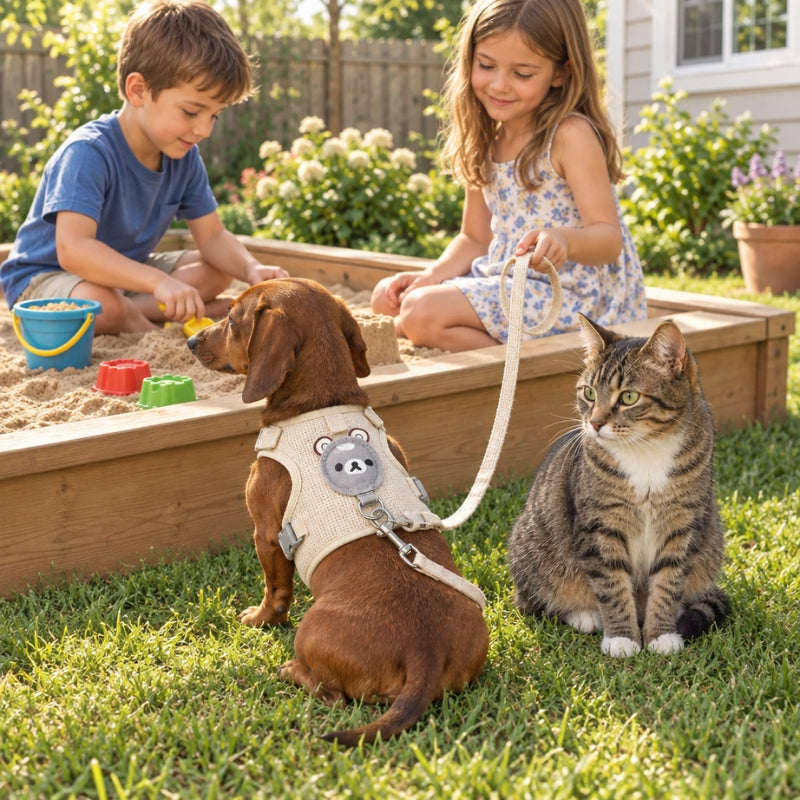 Harnais chien petite taille beige à motif ourson teckel et chat assis près de deux enfants dans un bac à sable