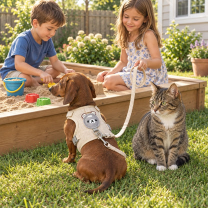 Harnais chien petite taille beige à motif ourson teckel et chat assis près de deux enfants dans un bac à sable