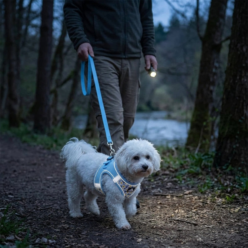 Harnais chien petite taille bleu bichonne en laisse avec un homme sur un sentier au crépuscule