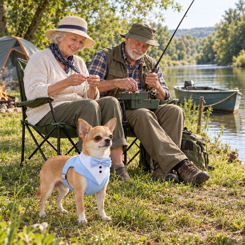 Harnais chien petite taille bleu chihuahua près du couple âgé préparant la pêche
