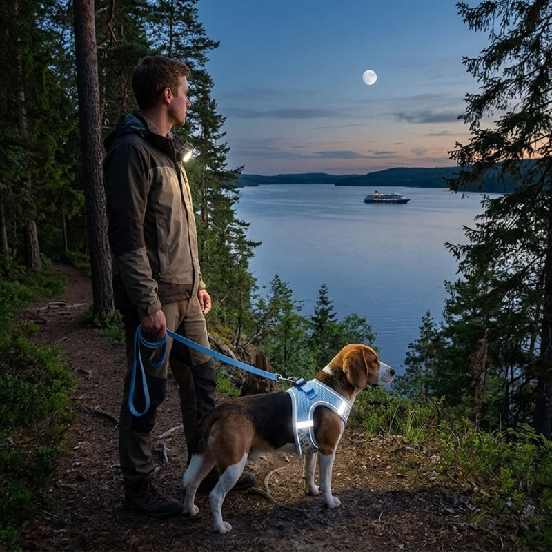 Harnais chien petite taille bleu homme et chien face au lac au crépuscule