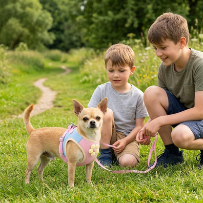 Harnais chien petite taille bleu sur un chihuahua près de deux garçons accroupis sur la pelouse