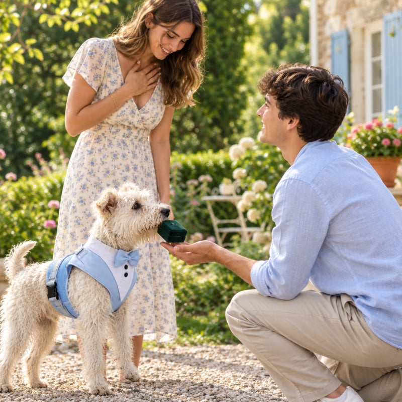 Harnais chien petite taille bleu terrier remettant une boîte au jeune homme devant sa compagne