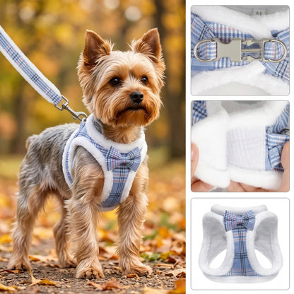Harnais chien petite taille bleu yorkshire et détails des attaches et du rembourrage