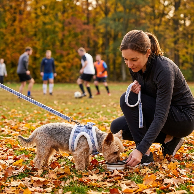 Harnais chien petite taille bleu yorkshire et femme avec gamelle au parc