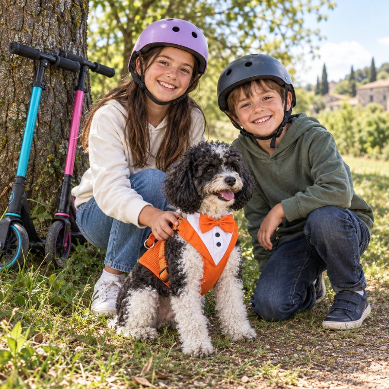 Harnais chien petite taille caniche avec deux enfants près des trottinettes sous un arbre