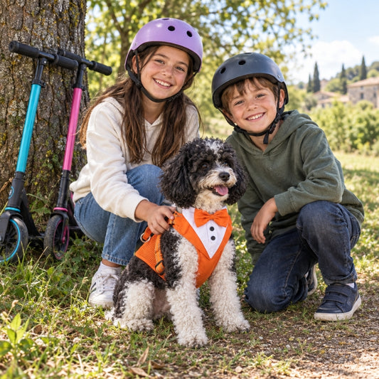 Harnais chien petite taille caniche avec deux enfants près des trottinettes sous un arbre