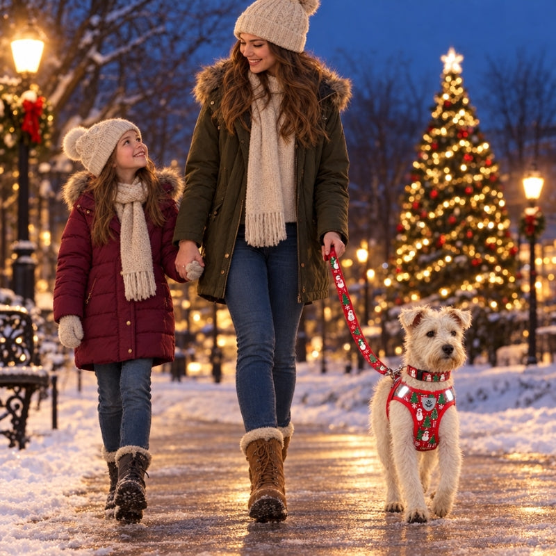 Harnais chien petite taille femme et fillette promenant leur compagnon à Noël