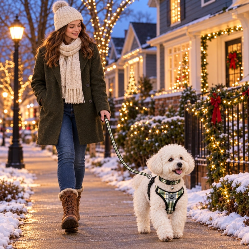 Harnais chien petite taille femme promenant son compagnon blanc dans la neige