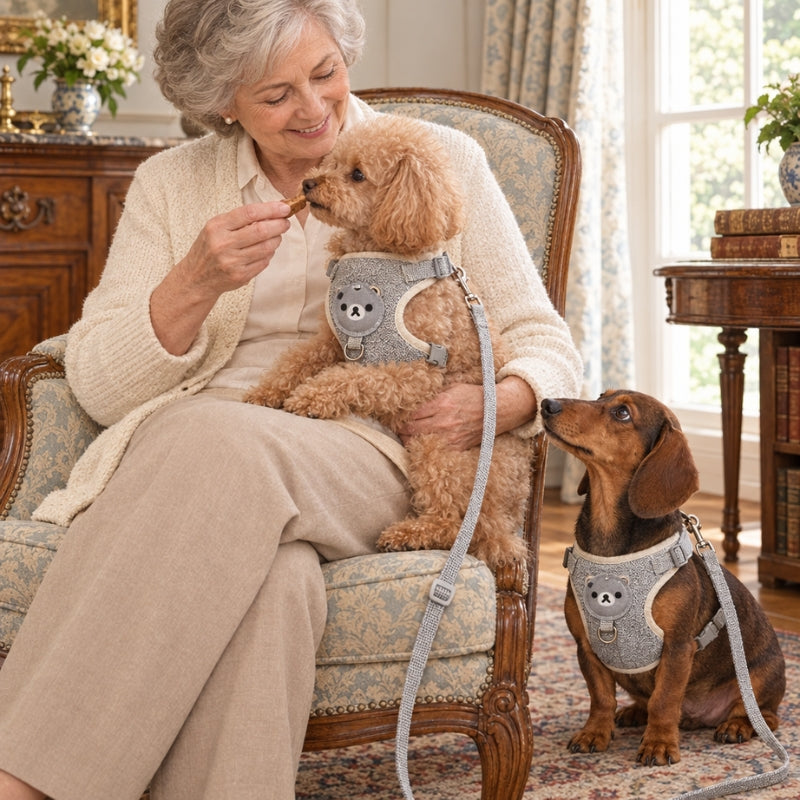 Harnais chien petite taille gris grand mère donnant une friandise à un caniche sur ses genoux avec un teckel à côté