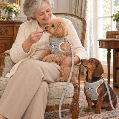 Harnais chien petite taille gris grand mère donnant une friandise à un caniche sur ses genoux avec un teckel à côté