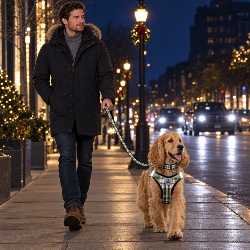 Harnais chien petite taille homme marchant avec son compagnon près des vitrines