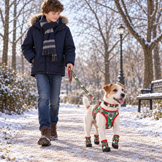 Harnais chien petite taille homme promenant son compagnon dans un parc enneigé